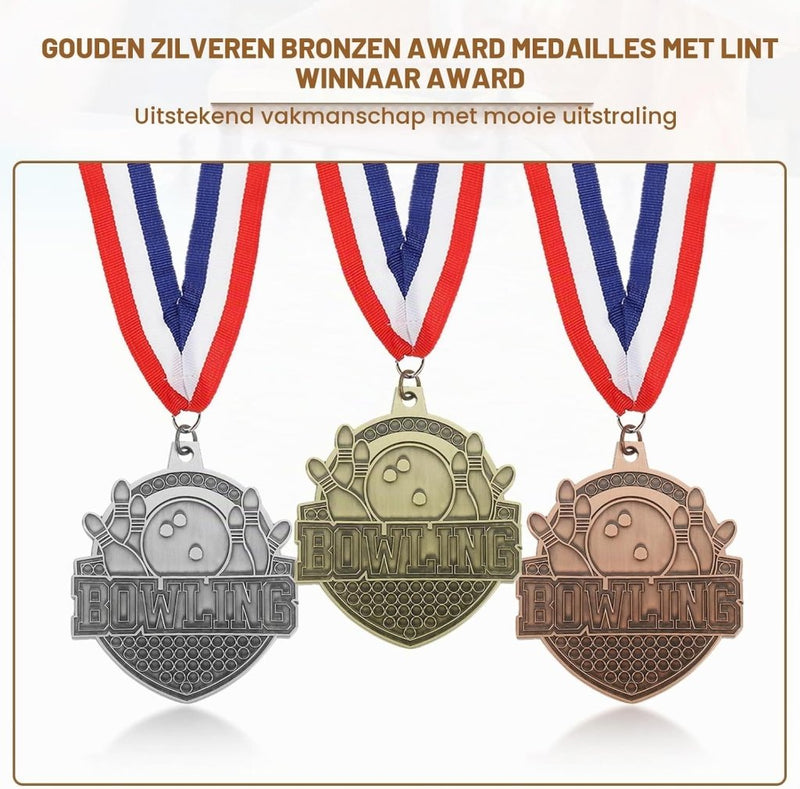 Laad afbeelding in Galerijviewer, Bowling medailles 3 stuks goud zilver brons met neklinten – sportmedailles – prijzen en trofeeën - happygetfit.com
