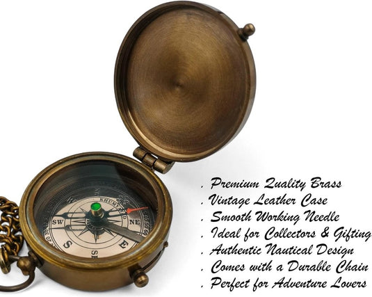 Brass Pocket Compass Hand Made Fully Functional Compass Antique Nautical Replica Item with Leather Case. - happygetfit.com