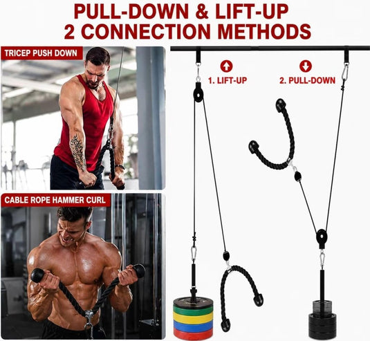 Cable Pulley System Home Gym, LAT Pull Down Weight Pulley System Gym Fitness DIY Loading Pin Weight Lifting Triceps Rope Workout Adjustable Length Pulley Cable Machine Attachments for Home Gym - happygetfit.com