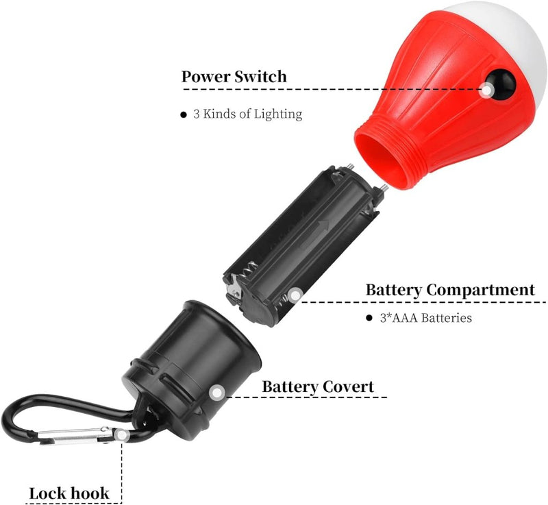 Laad afbeelding in Galerijviewer, Ontdek de wonderen van licht met onze draagbare LED-kampeerlamp! Deze bevat een aan/uit-schakelaar, batterijvak voor drie AAA-batterijen, sluithaak en waterdicht ontwerp voor alle weersomstandigheden.
