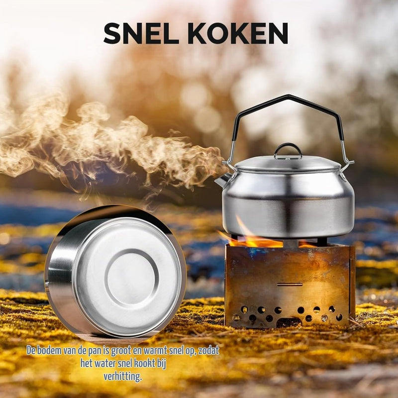 Załaduj obraz w przeglądarce galerii, Camping waterketel 1 liter van 304 roestvrij staal met inklapbare handgreep voor thee koffie en buiten koken – kampeerketel – outdoor kookgerei - happygetfit.com
