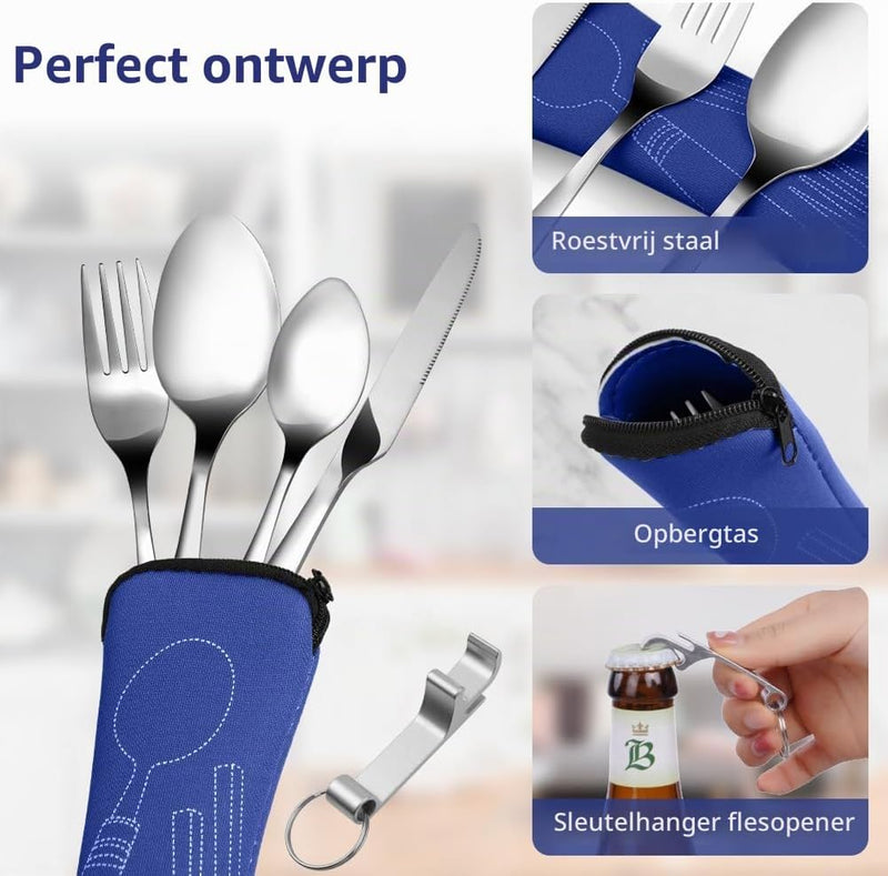 Bild im Galerie-Viewer laden, Campingbestek 6-delig van roestvrij staal met vork, lepel en flesopener inclusief opbergtas – reisbestek – picknickaccessoires - happygetfit.com

