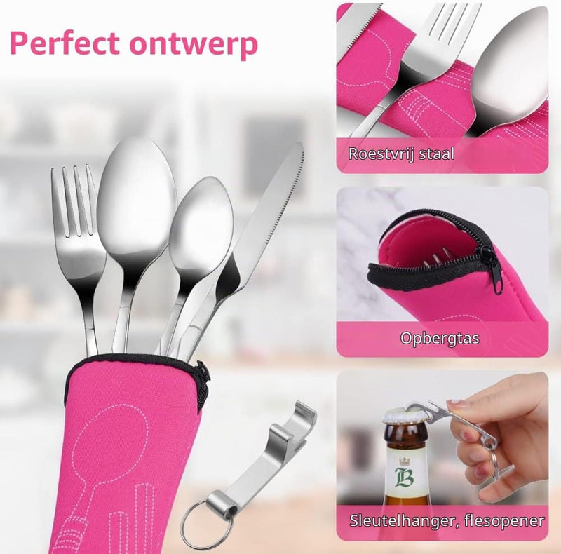 Bild im Galerie-Viewer laden, Campingbestek 6-delig van roestvrij staal met vork, lepel en flesopener inclusief opbergtas – reisbestek – picknickaccessoires - happygetfit.com

