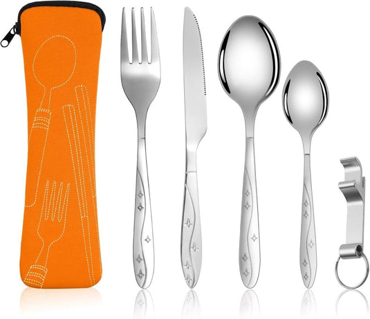Campingbestek 6-delig van roestvrij staal met vork, lepel en flesopener inclusief opbergtas – reisbestek – picknickaccessoires - happygetfit.com