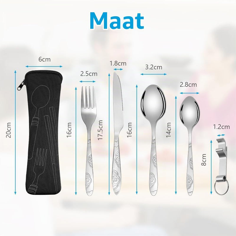 Bild im Galerie-Viewer laden, Campingbestek 6-delig van roestvrij staal met vork, lepel en flesopener inclusief opbergtas – reisbestek – picknickaccessoires - happygetfit.com

