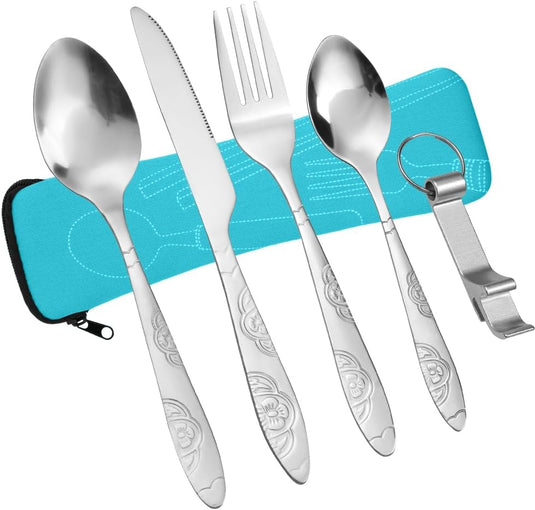 Campingbestek 6-delig van roestvrij staal met vork, lepel en flesopener inclusief opbergtas – reisbestek – picknickaccessoires - happygetfit.com