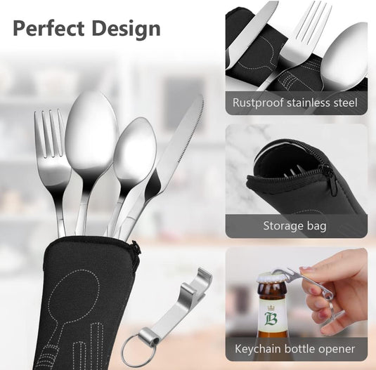 Campingbestek 6-delig van roestvrij staal met vork, lepel en flesopener inclusief opbergtas – reisbestek – picknickaccessoires - happygetfit.com