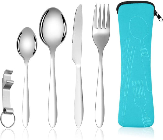 Campingbestek 6-delig van roestvrij staal met vork, lepel en flesopener inclusief opbergtas – reisbestek – picknickaccessoires - happygetfit.com