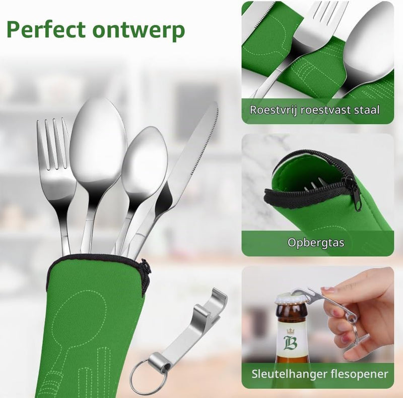 Bild im Galerie-Viewer laden, Campingbestek 6-delig van roestvrij staal met vork, lepel en flesopener inclusief opbergtas – reisbestek – picknickaccessoires - happygetfit.com
