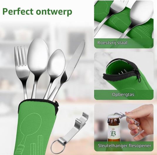 Campingbestek 6-delig van roestvrij staal met vork, lepel en flesopener inclusief opbergtas – reisbestek – picknickaccessoires - happygetfit.com