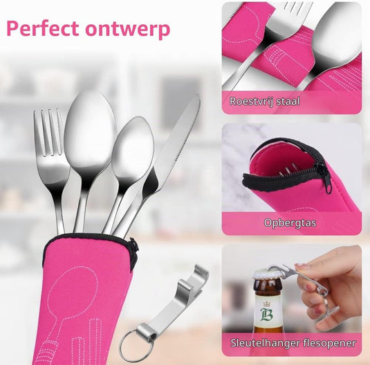 Campingbestek 6-delig van roestvrij staal met vork, lepel en flesopener inclusief opbergtas – reisbestek – picknickaccessoires - happygetfit.com