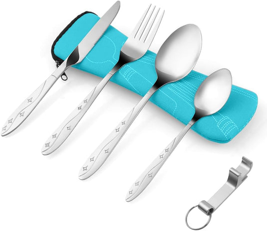Campingbestek 6-delig van roestvrij staal met vork, lepel en flesopener inclusief opbergtas – reisbestek – picknickaccessoires - happygetfit.com