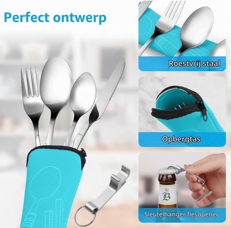 Bild im Galerie-Viewer laden, Campingbestek 6-delig van roestvrij staal met vork, lepel en flesopener inclusief opbergtas – reisbestek – picknickaccessoires - happygetfit.com
