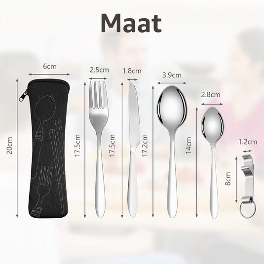 Campingbestek 6-delig van roestvrij staal met vork, lepel en flesopener inclusief opbergtas – reisbestek – picknickaccessoires - happygetfit.com