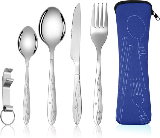 Campingbestek 6-delig van roestvrij staal met vork, lepel en flesopener inclusief opbergtas – reisbestek – picknickaccessoires - happygetfit.com