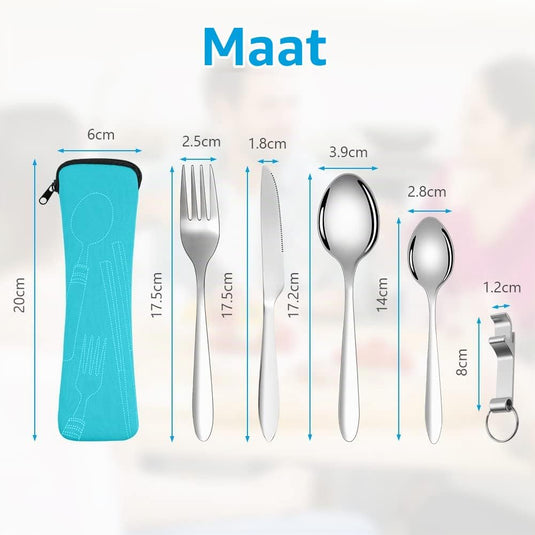 Campingbestek 6-delig van roestvrij staal met vork, lepel en flesopener inclusief opbergtas – reisbestek – picknickaccessoires - happygetfit.com