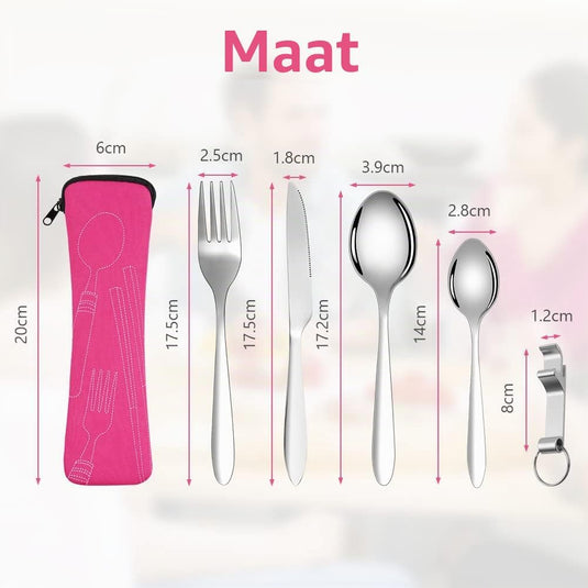 Campingbestek 6-delig van roestvrij staal met vork, lepel en flesopener inclusief opbergtas – reisbestek – picknickaccessoires - happygetfit.com