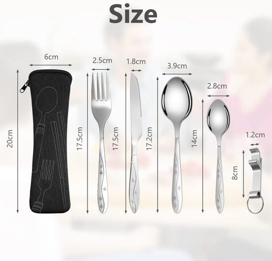 Campingbestek 6-delig van roestvrij staal met vork, lepel en flesopener inclusief opbergtas – reisbestek – picknickaccessoires - happygetfit.com