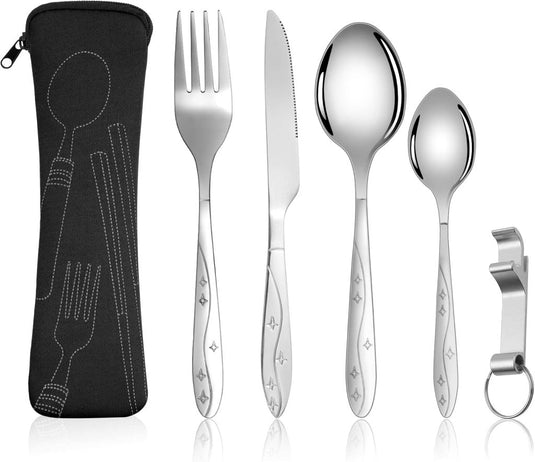 Campingbestek 6-delig van roestvrij staal met vork, lepel en flesopener inclusief opbergtas – reisbestek – picknickaccessoires - happygetfit.com