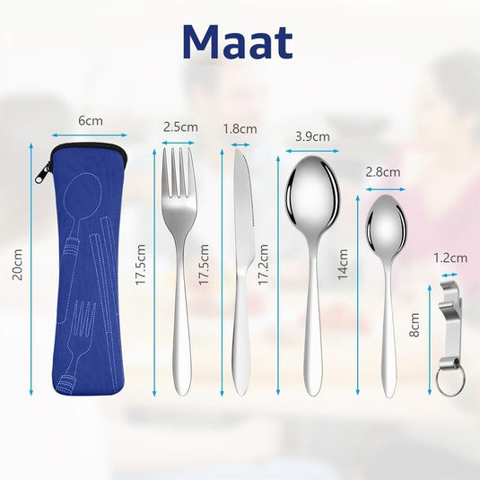 Campingbestek 6-delig van roestvrij staal met vork, lepel en flesopener inclusief opbergtas – reisbestek – picknickaccessoires - happygetfit.com