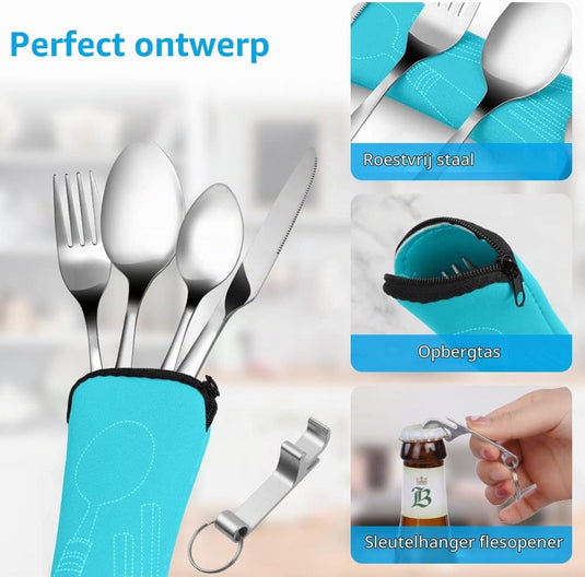 Campingbestek 6-delig van roestvrij staal met vork, lepel en flesopener inclusief opbergtas – reisbestek – picknickaccessoires - happygetfit.com