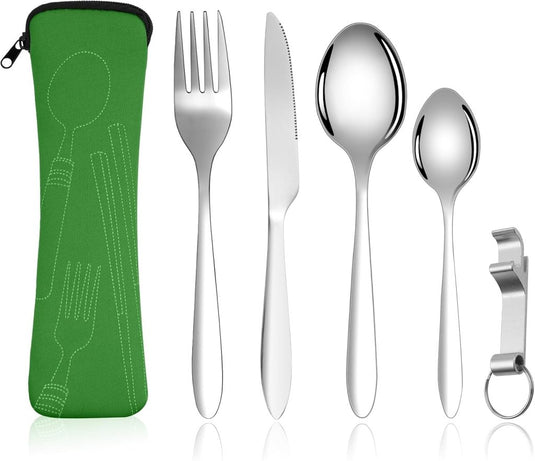 Campingbestek 6-delig van roestvrij staal met vork, lepel en flesopener inclusief opbergtas – reisbestek – picknickaccessoires - happygetfit.com