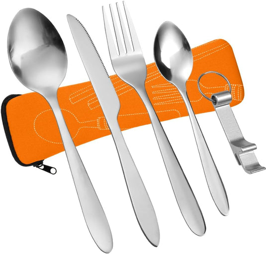 Campingbestek 6-delig van roestvrij staal met vork, lepel en flesopener inclusief opbergtas – reisbestek – picknickaccessoires - happygetfit.com