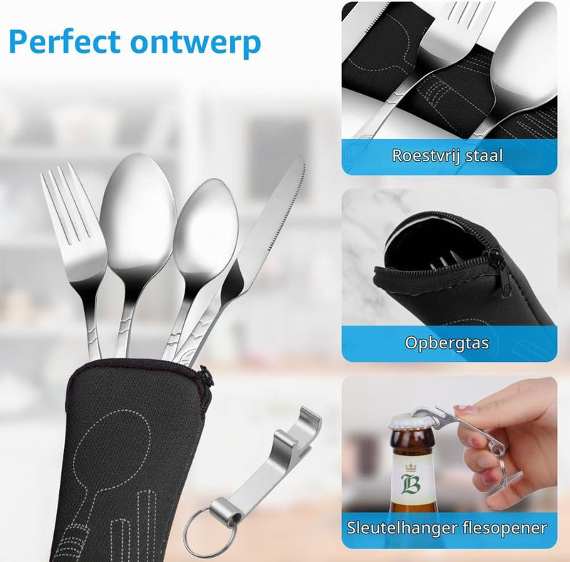 Bild im Galerie-Viewer laden, Campingbestek 6-delig van roestvrij staal met vork, lepel en flesopener inclusief opbergtas – reisbestek – picknickaccessoires - happygetfit.com
