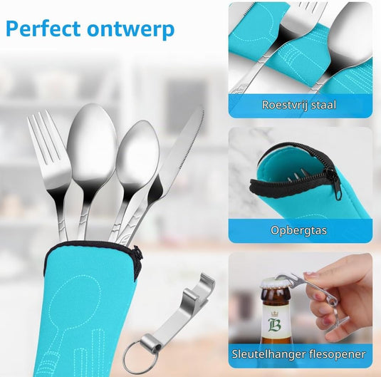 Campingbestek 6-delig van roestvrij staal met vork, lepel en flesopener inclusief opbergtas – reisbestek – picknickaccessoires - happygetfit.com