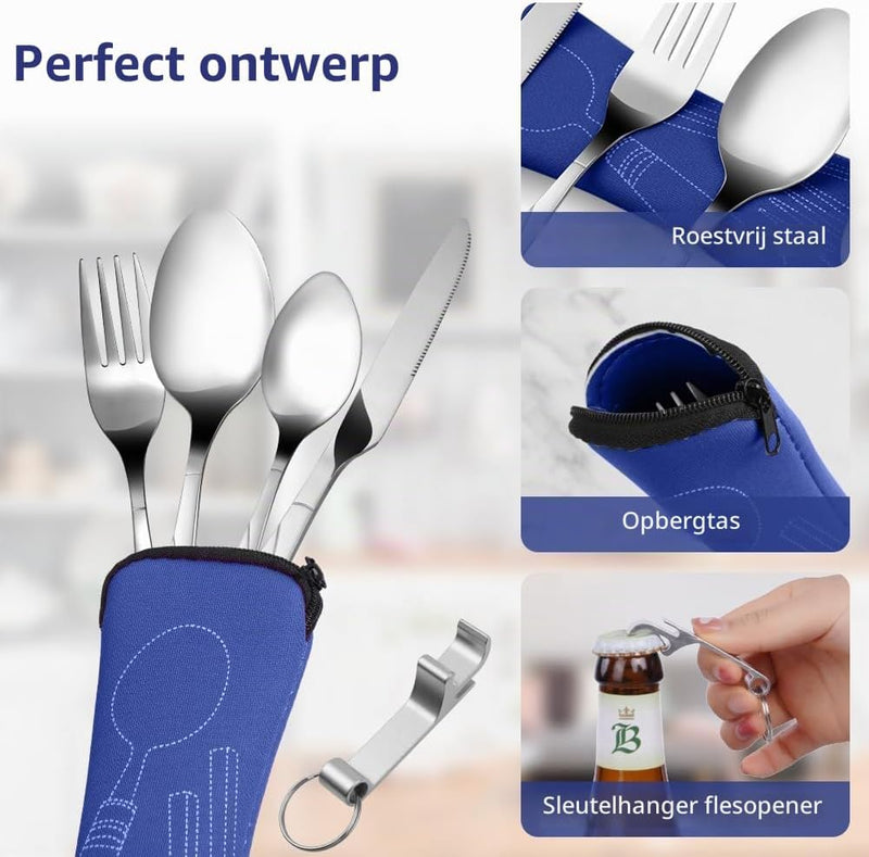 Bild im Galerie-Viewer laden, Campingbestek 6-delig van roestvrij staal met vork, lepel en flesopener inclusief opbergtas – reisbestek – picknickaccessoires - happygetfit.com
