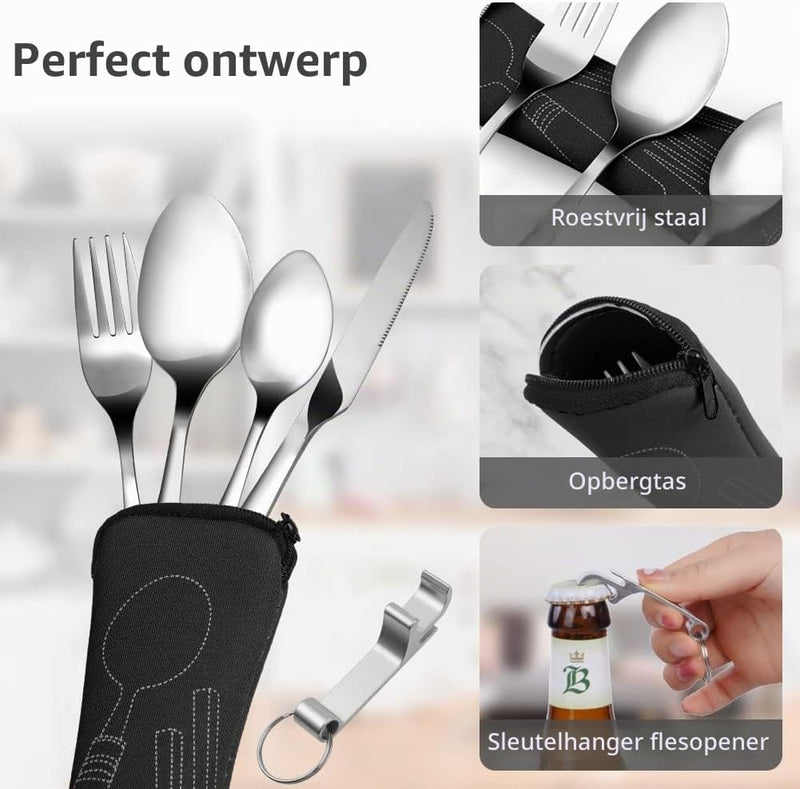 Bild im Galerie-Viewer laden, Campingbestek 6-delig van roestvrij staal met vork, lepel en flesopener inclusief opbergtas – reisbestek – picknickaccessoires - happygetfit.com
