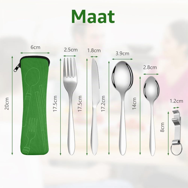 Bild im Galerie-Viewer laden, Campingbestek 6-delig van roestvrij staal met vork, lepel en flesopener inclusief opbergtas – reisbestek – picknickaccessoires - happygetfit.com
