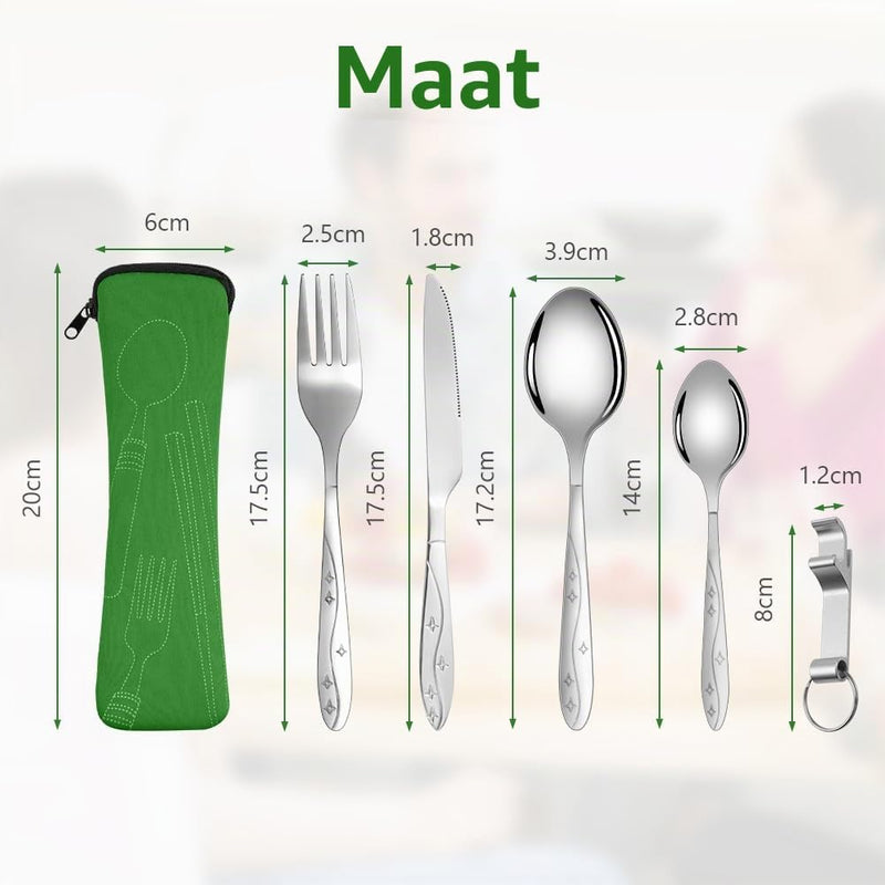 Bild im Galerie-Viewer laden, Campingbestek 6-delig van roestvrij staal met vork, lepel en flesopener inclusief opbergtas – reisbestek – picknickaccessoires - happygetfit.com
