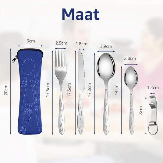 Campingbestek 6-delig van roestvrij staal met vork, lepel en flesopener inclusief opbergtas – reisbestek – picknickaccessoires - happygetfit.com