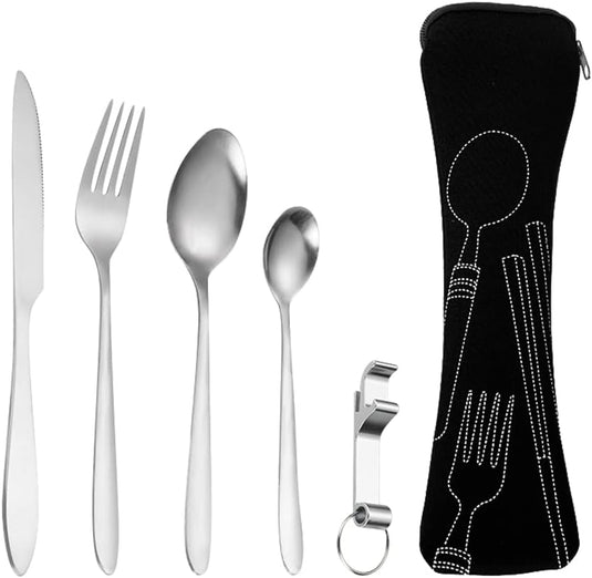 Campingbestek set 5-delig roestvrij staal met etui - happygetfit.com