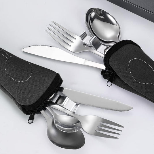 Campingbestek set 5-delig roestvrij staal met etui - happygetfit.com