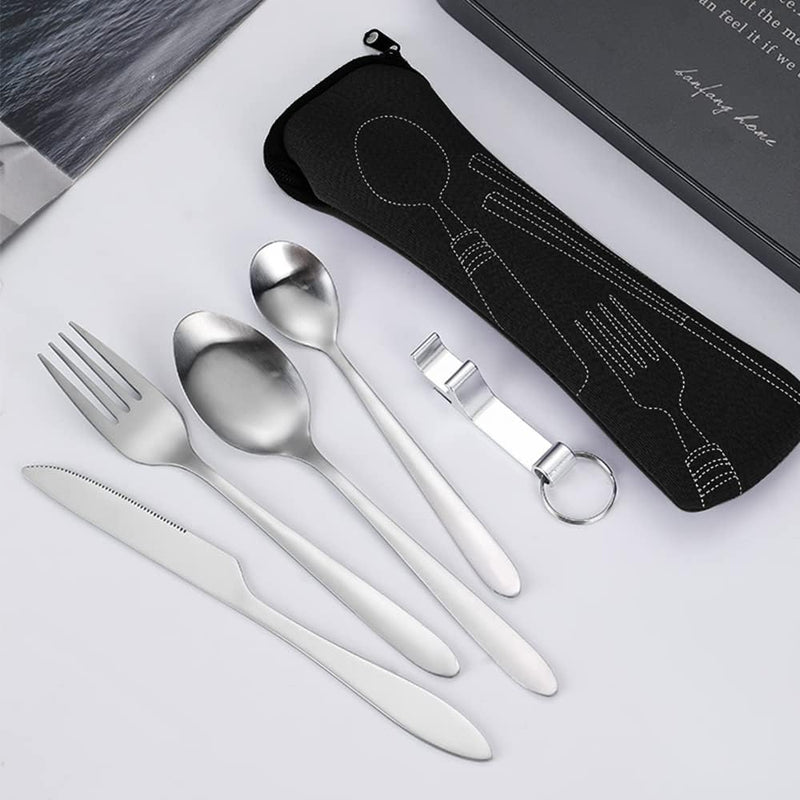 Laad afbeelding in Galerijviewer, Campingbestek set 5-delig roestvrij staal met etui - happygetfit.com
