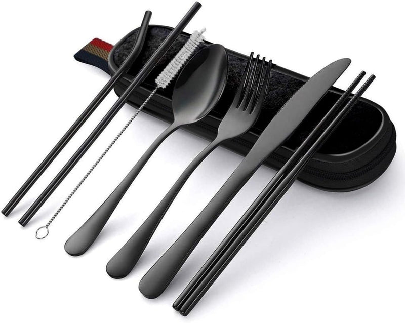 Laden Sie das Bild in Galerie -Viewer, Campingbestek set 8-delig roestvrij staal met etui - happygetfit.com
