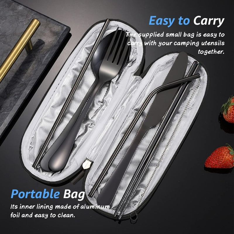 Laden Sie das Bild in Galerie -Viewer, Campingbestek set 8-delig roestvrij staal met etui - happygetfit.com
