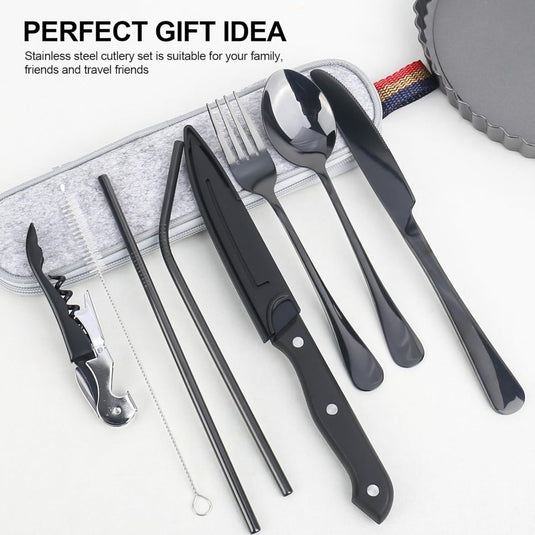 Campingbestek set 9-delig roestvrij staal met etui - happygetfit.com