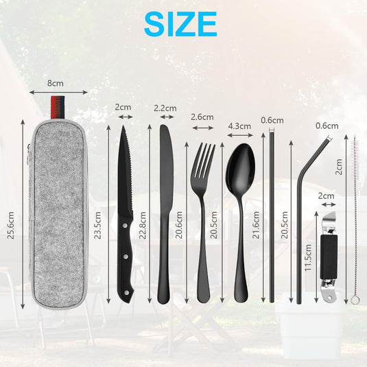 Campingbestek set 9-delig roestvrij staal met etui - happygetfit.com