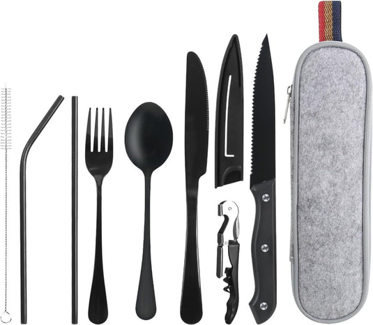 Campingbestek set 9-delig roestvrij staal met etui - happygetfit.com