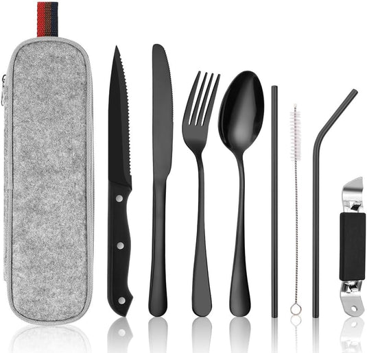 Campingbestek set 9-delig roestvrij staal met etui - happygetfit.com