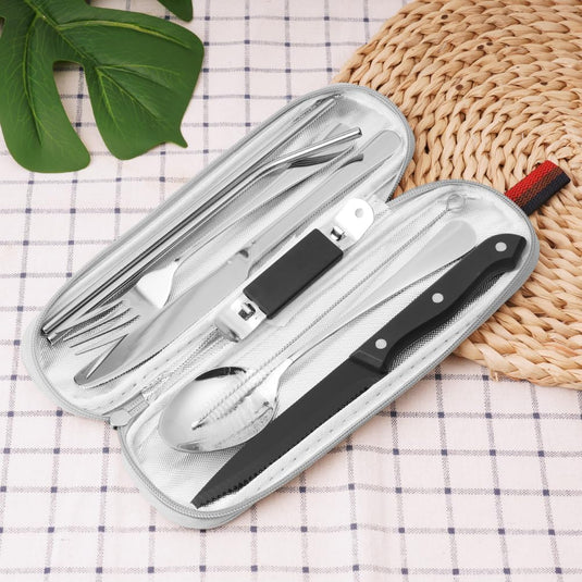 Campingbestek set 9-delig roestvrij staal met etui - happygetfit.com