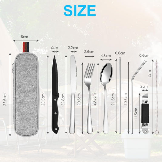 Campingbestek set 9-delig roestvrij staal met etui - happygetfit.com