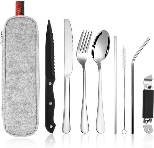 Campingbestek set 9-delig roestvrij staal met etui - happygetfit.com