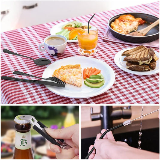 Campingbestek set 9-delig roestvrij staal met etui - happygetfit.com