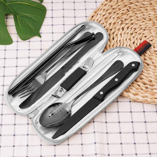 Campingbestek set 9-delig roestvrij staal met etui - happygetfit.com