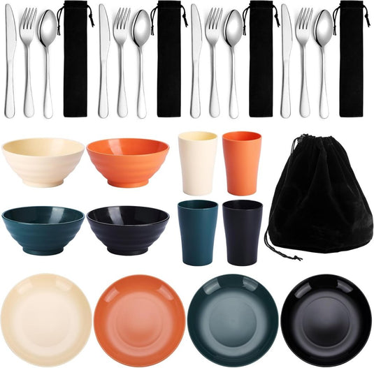 Campingservies set voor 1 persoon met bestek en tas - happygetfit.com