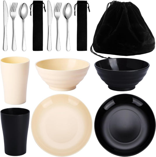 Campingservies set voor 1 persoon met bestek en tas - happygetfit.com